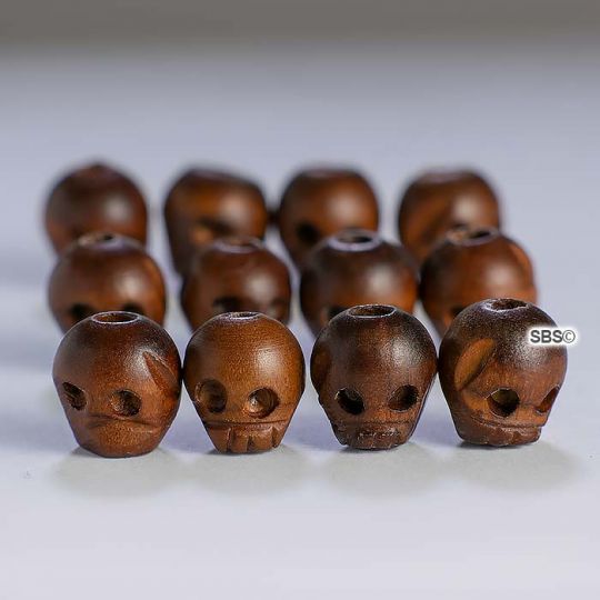 Wood 12mm x 13mm Carved Skull Beads (12)