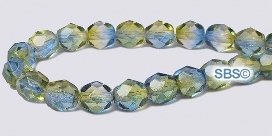 Fire polished 6mm Round Beads - Yellow / Blue Coated
