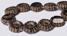 Czech 12mm 2-Hole Beads - Jet / Gold Inlay