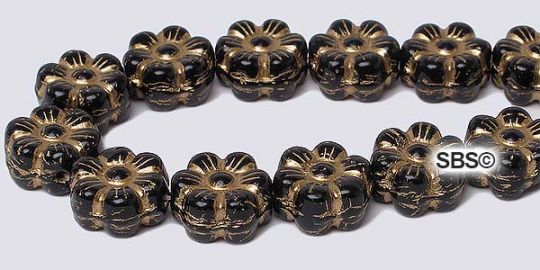Czech 8mm Flower Beads - Jet / Gold Inlay