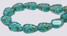 Czech 8x10 Leaf Beads - Teal / Gold Inlay