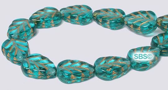 Czech 8x10 Leaf Beads - Teal / Gold Inlay