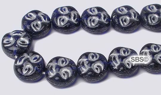 Czech 9mm Moon Face Beads - Cobalt / Silver Inlay